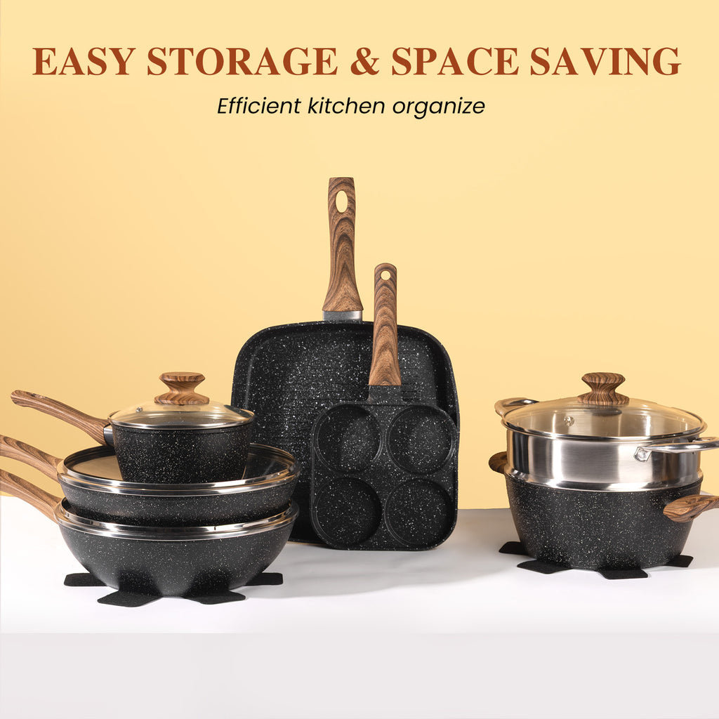 17-Piece Non-Stick Cookware Set with Heat-Resistant Handles and Dishwasher-Safe Lids Perfect for holiday gifting or kitchen use at home, black\u002Fwhite