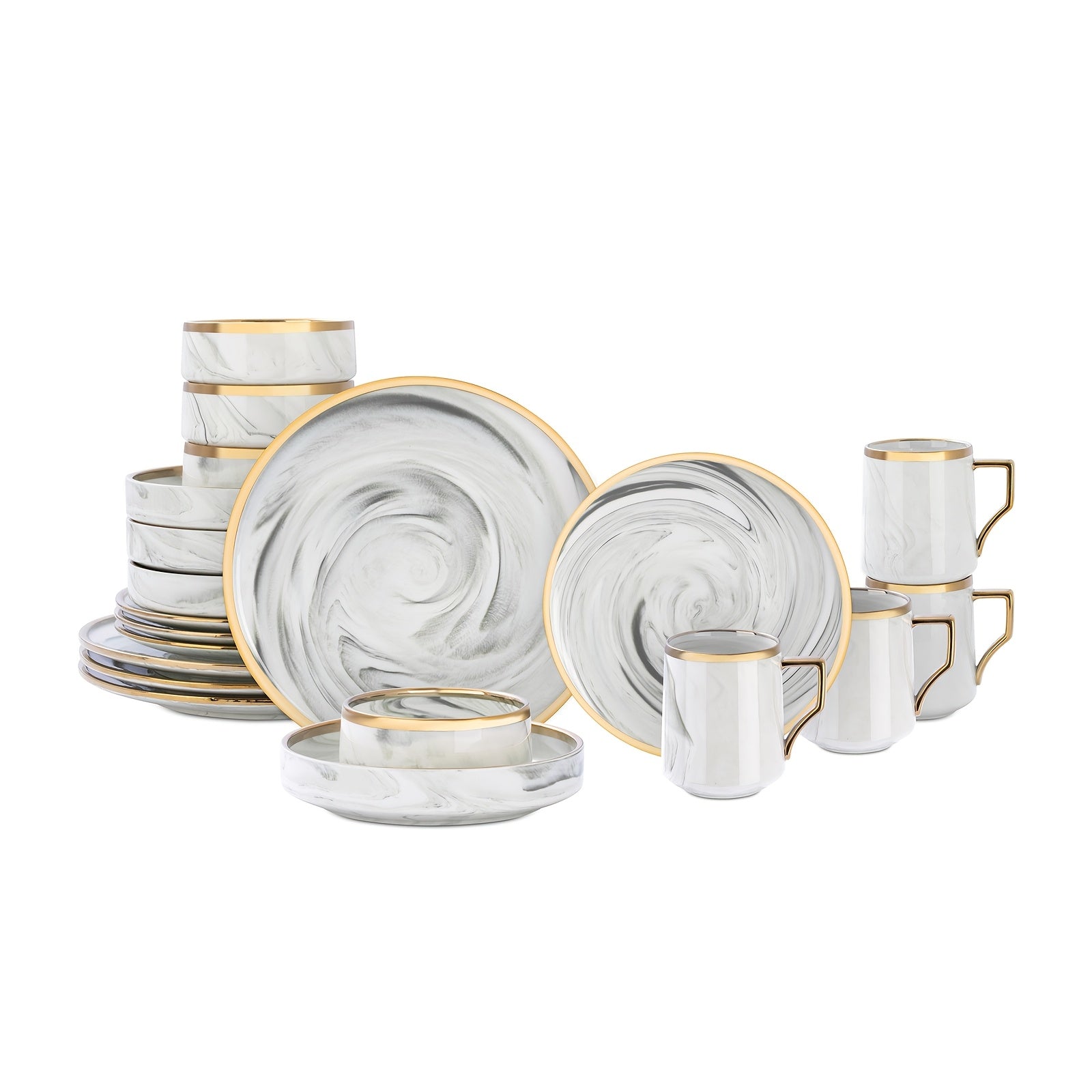 16pcs And 20pcs Plates And Bowls Sets, Fine China Artisan Marbled Dinner Set for 4, Dishwahser Safe, Scratch Resistant, with Golden Line