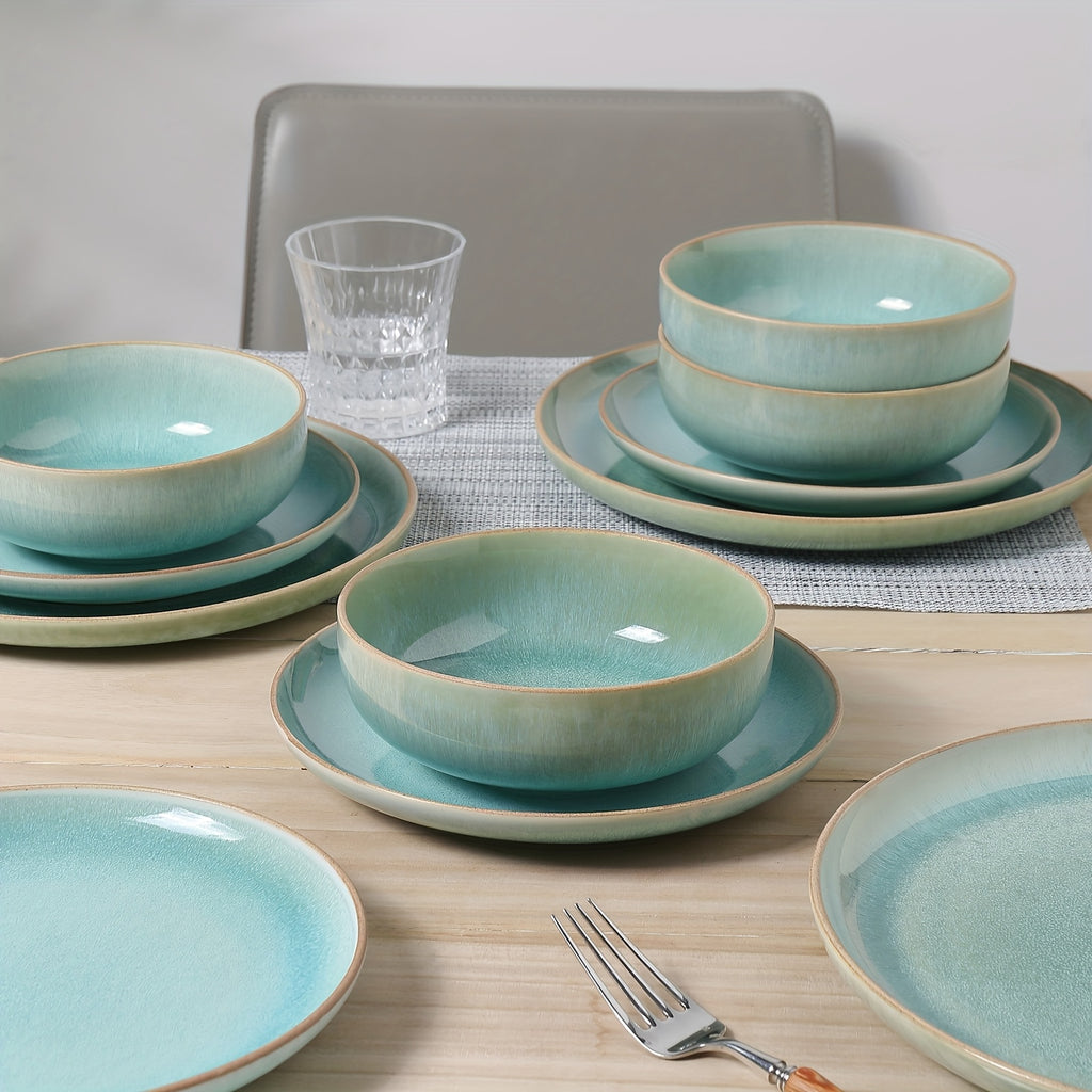 ALOFMO 12pcs Gradient Green Reactive Glaze Ceramic Dinnerware Set, Nordic Style Stoneware With Plates, Salad Plates, Bowls, Serves 4, Anti-Slip & Scratch-Resistant, Stackable For Space Saving, Microwave & Dishwasher Safe, Easy To Clean
