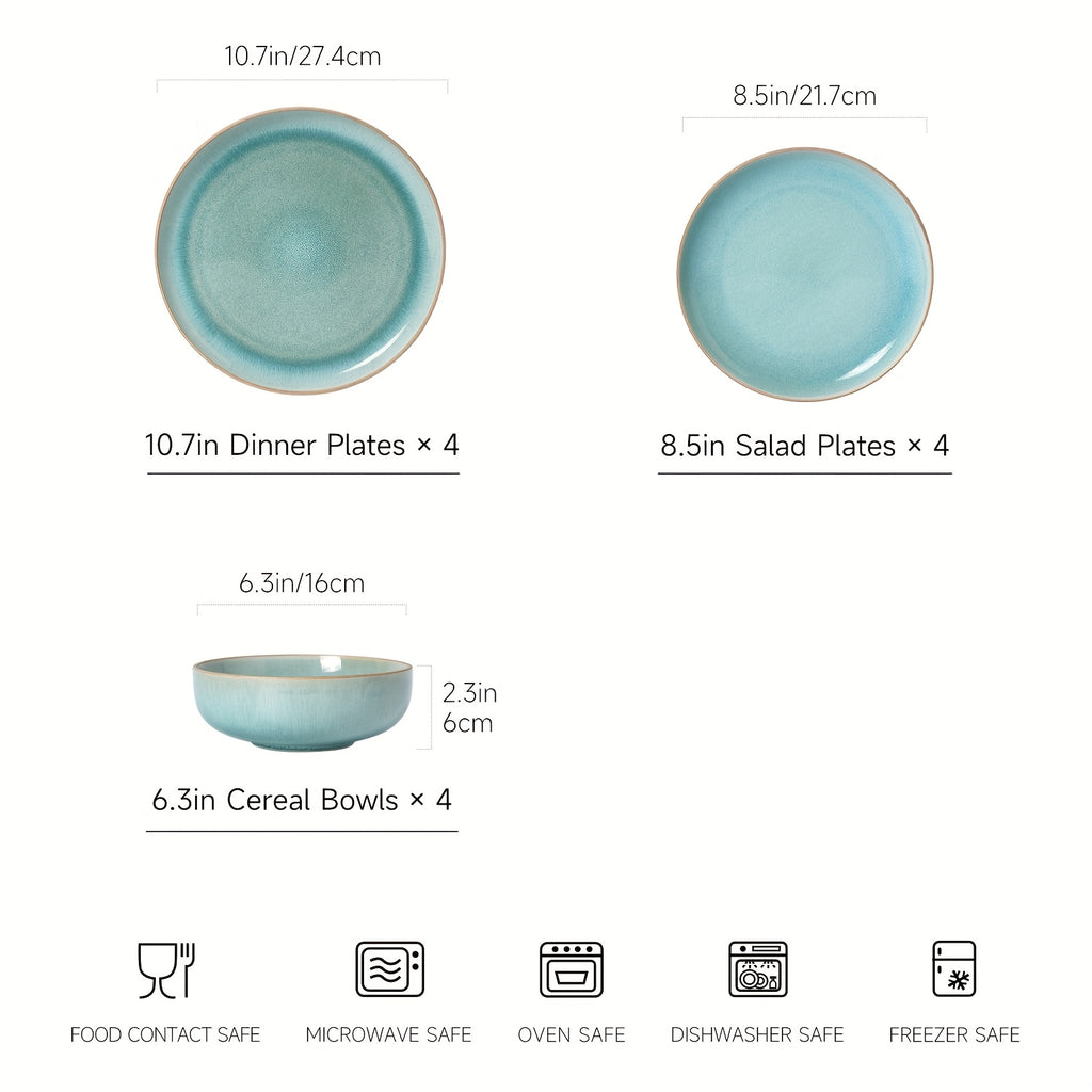 ALOFMO 12pcs Gradient Green Reactive Glaze Ceramic Dinnerware Set, Nordic Style Stoneware With Plates, Salad Plates, Bowls, Serves 4, Anti-Slip & Scratch-Resistant, Stackable For Space Saving, Microwave & Dishwasher Safe, Easy To Clean