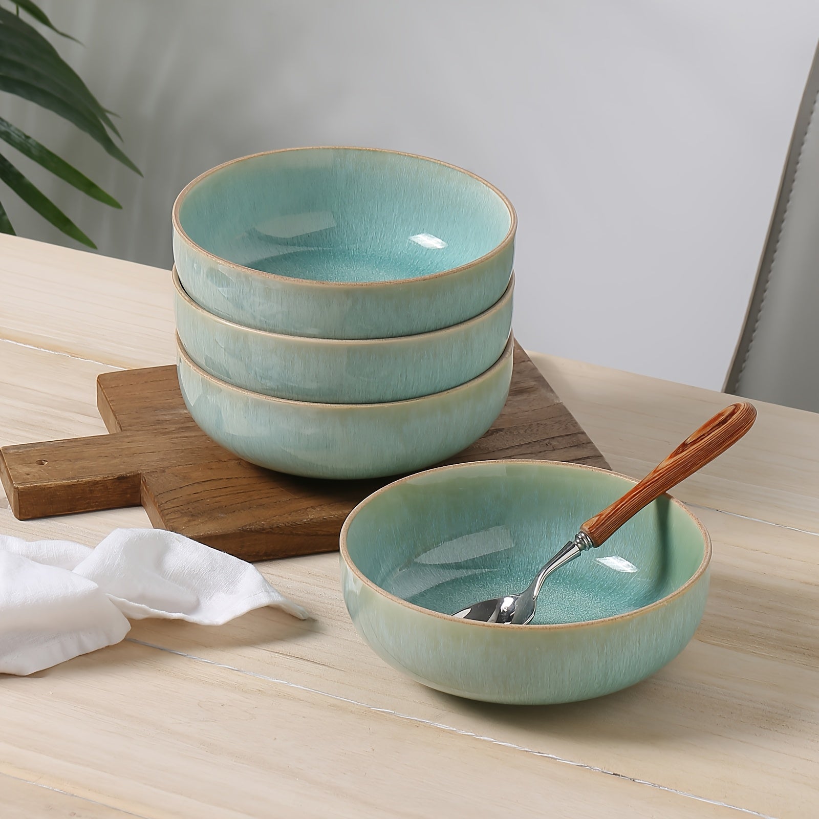 ALOFMO 12pcs Gradient Green Reactive Glaze Ceramic Dinnerware Set, Nordic Style Stoneware With Plates, Salad Plates, Bowls, Serves 4, Anti-Slip & Scratch-Resistant, Stackable For Space Saving, Microwave & Dishwasher Safe, Easy To Clean