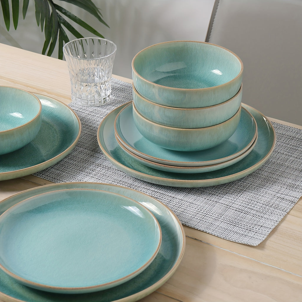 ALOFMO 12pcs Gradient Green Reactive Glaze Ceramic Dinnerware Set, Nordic Style Stoneware With Plates, Salad Plates, Bowls, Serves 4, Anti-Slip & Scratch-Resistant, Stackable For Space Saving, Microwave & Dishwasher Safe, Easy To Clean