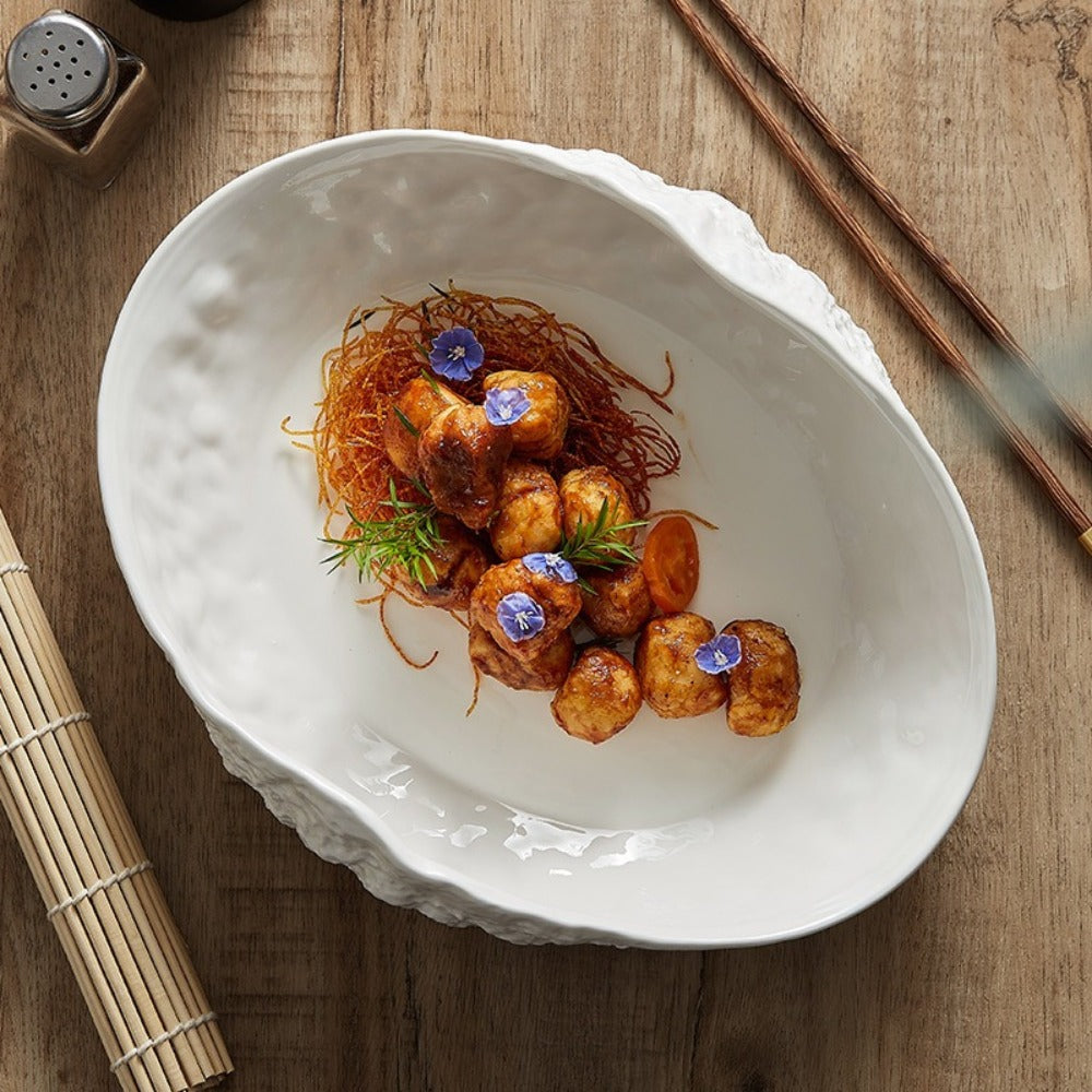 Luxury Ceramic Plate with Shell & Stone Texture | High-End Oval Platter for Serving Fish, Soup, Pasta, Ideal for Home Dining & Hotel Restaurant Tableware