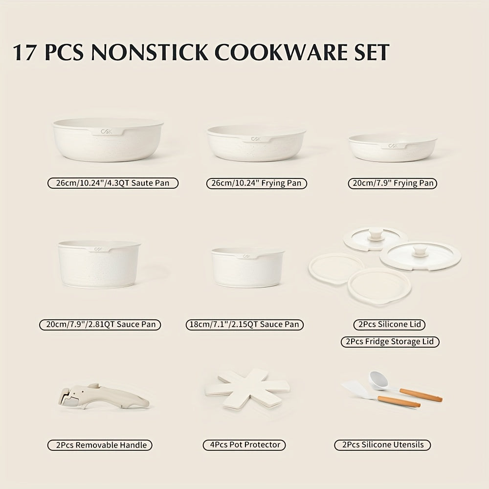17pcs Heavy-Duty Non-Stick Cookware Set with Removable & Detachable Handle - Induction Compatible, Oven Safe Pots and Pans (Green\u002FCream White) - Stackable Kitchen Cookware for \u002F Stoves, Frying, Boiling,
