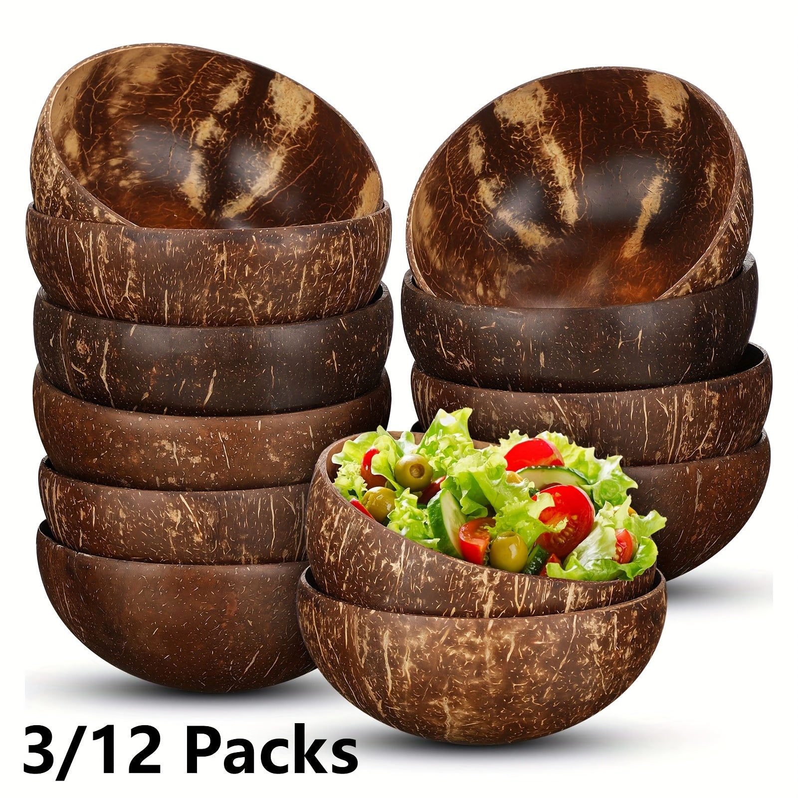 Coconut Shell Bowls Polished Wooden Bowls Natural Smoothie Acai Bowls Salad Bowls for Smoothie, Acai, Fruit, Salad & Yogurt - Perfect Decorative And Serving Bowls, Vegan Gifts Kitchen Decorcc, Rustic Kitchen Decor (3\u002F12pcs, Polished)