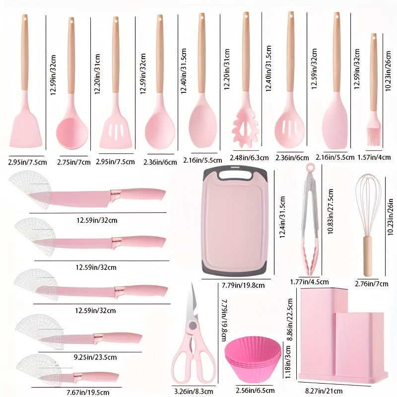 A 29pcs Cookware Collection, Including Silicone Kitchen Tools (With a Stand), Non-Stick Heat-Resistant Pots, Cake Molds, Scissors, And Cutting Boards, Is Perfect for Everyday Cooking in Home Kitchens And Is an Excellent Option for Families And Cooki