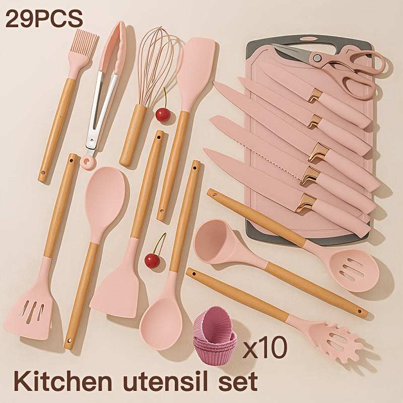 A 29pcs Cookware Collection, Including Silicone Kitchen Tools (With a Stand), Non-Stick Heat-Resistant Pots, Cake Molds, Scissors, And Cutting Boards, Is Perfect for Everyday Cooking in Home Kitchens And Is an Excellent Option for Families And Cooki