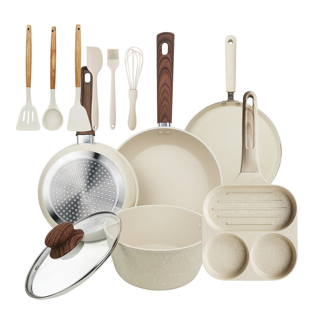 12\u002F15pcs Nonstick Pans Pots Set, Cookware Set with Frying Pan, Saucepan, Cooking Utensils, for Kitchen Home Cannteen Dining Room Use, Gift for Wedding Housewarming, Christmas Gift Box, White