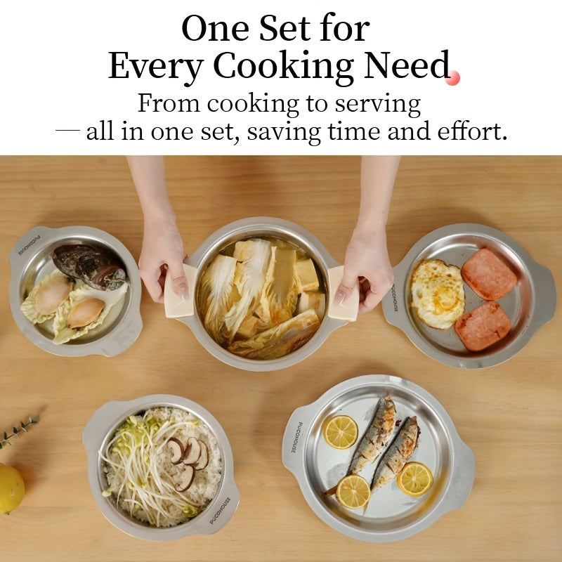 6pcs 304 Stainless Steel Non-Stick Cookware Set, Dual-Purpose Pot & Plate Pots And Pans Set, High Temperature Resistant With Free Heat-Resistant Silicone Gloves & Lid Knob, Non-Abrasive Process, Induction Compatible