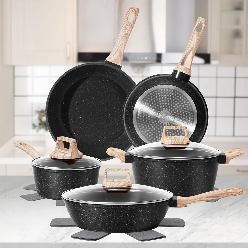 12pcs Non-Stick Cooking Set, Black Granite Induction Cookware, Safe And Healthy Non-Stick Kitchen Cooking Set Including Frying Pans, Saucepans, And Casseroles