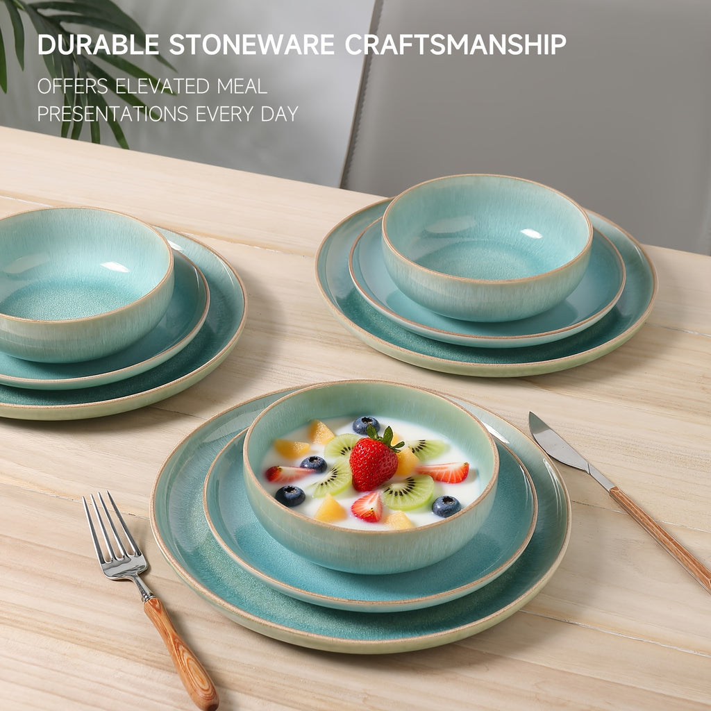 ALOFMO 12pcs Gradient Green Reactive Glaze Ceramic Dinnerware Set, Nordic Style Stoneware With Plates, Salad Plates, Bowls, Serves 4, Anti-Slip & Scratch-Resistant, Stackable For Space Saving, Microwave & Dishwasher Safe, Easy To Clean