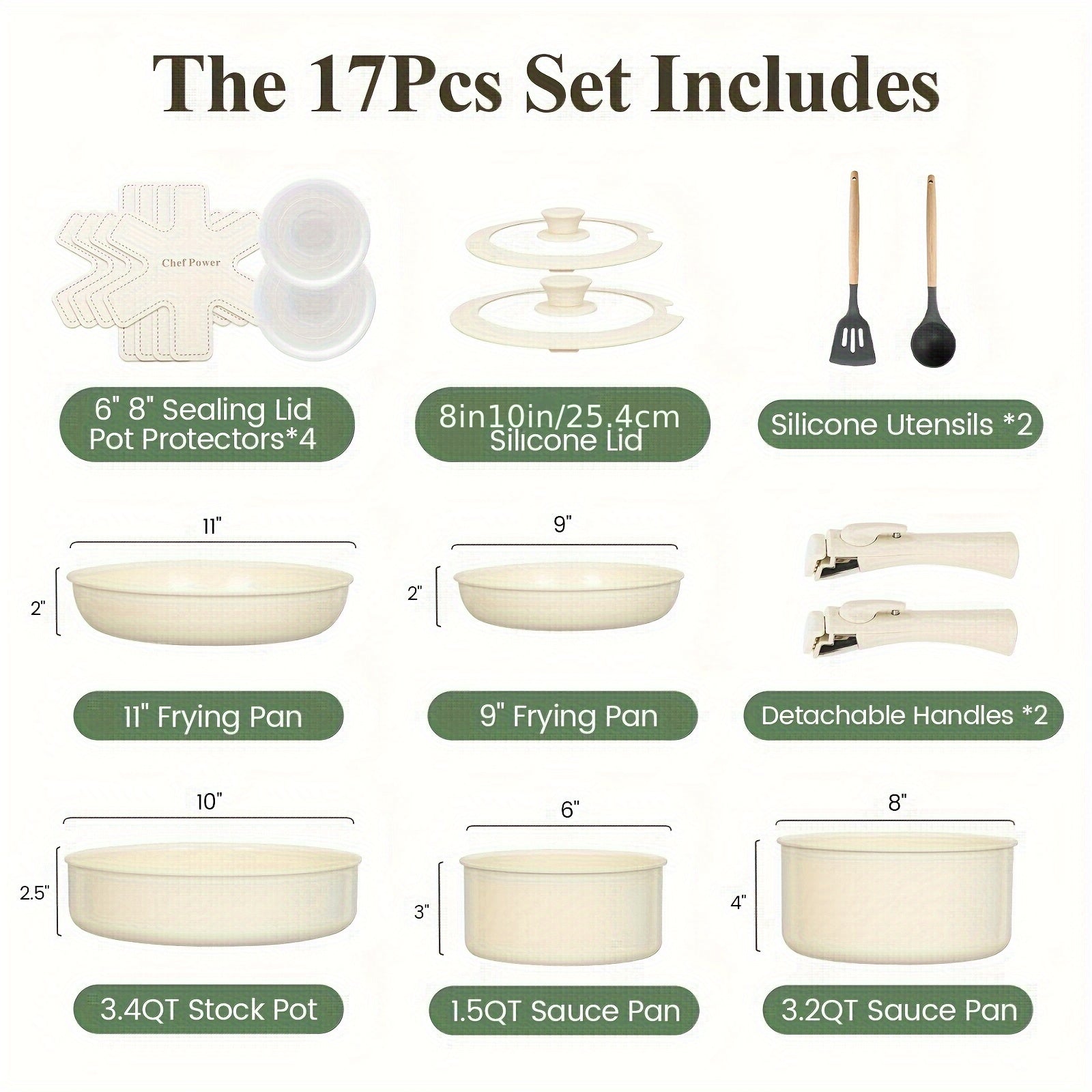 17pcs Versatile Cooking Set: Features a Ceramic Non-Stick Surface, Reduces Storage Needs by 70%, Detachable Handles Suitable for Dishwasher (Handles Excluded), Effortlessly Allows Frying, Stir-Frying, Stewing & Boiling, to Clean And Stylish.