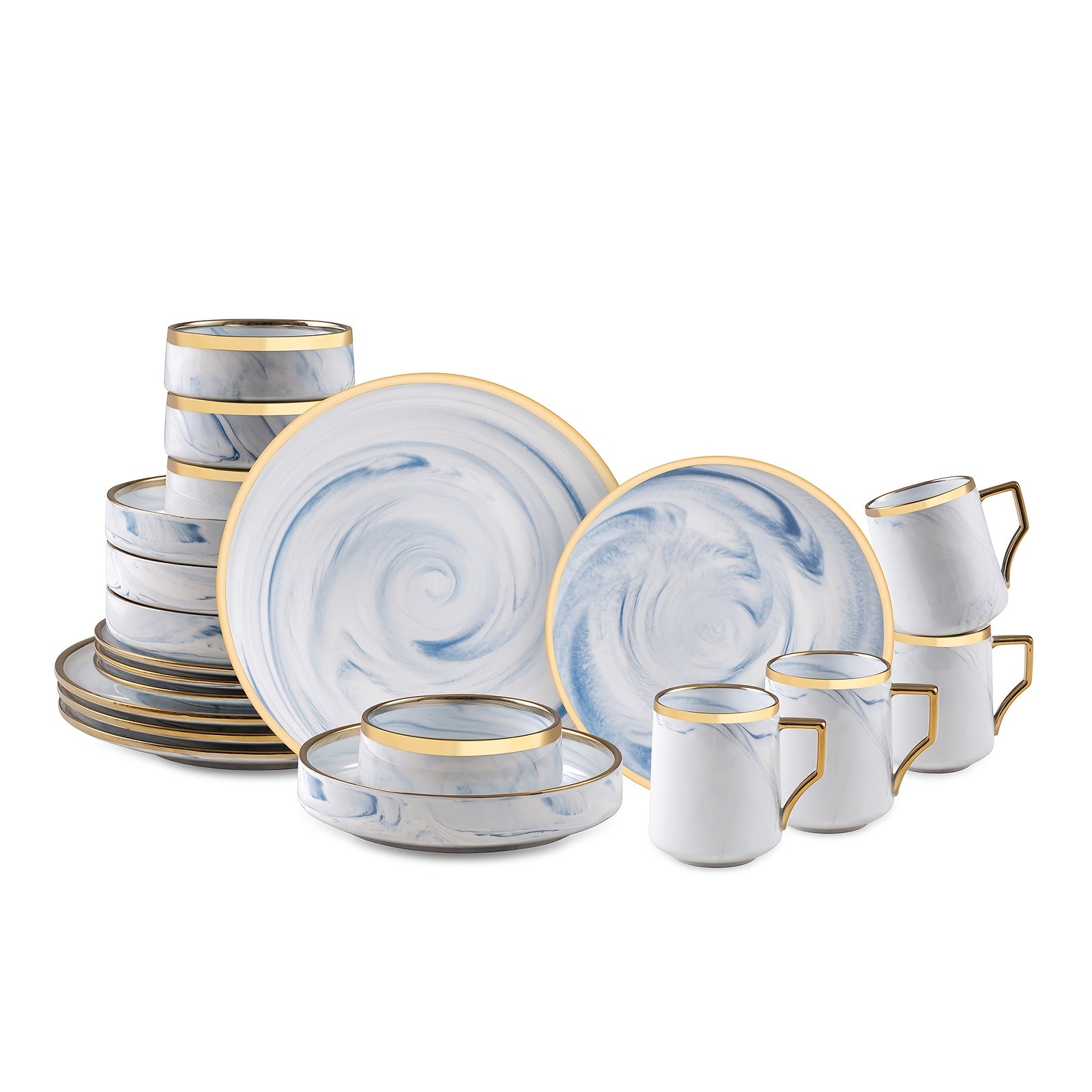 16pcs And 20pcs Plates And Bowls Sets, Fine China Artisan Marbled Dinner Set for 4, Dishwahser Safe, Scratch Resistant, with Golden Line