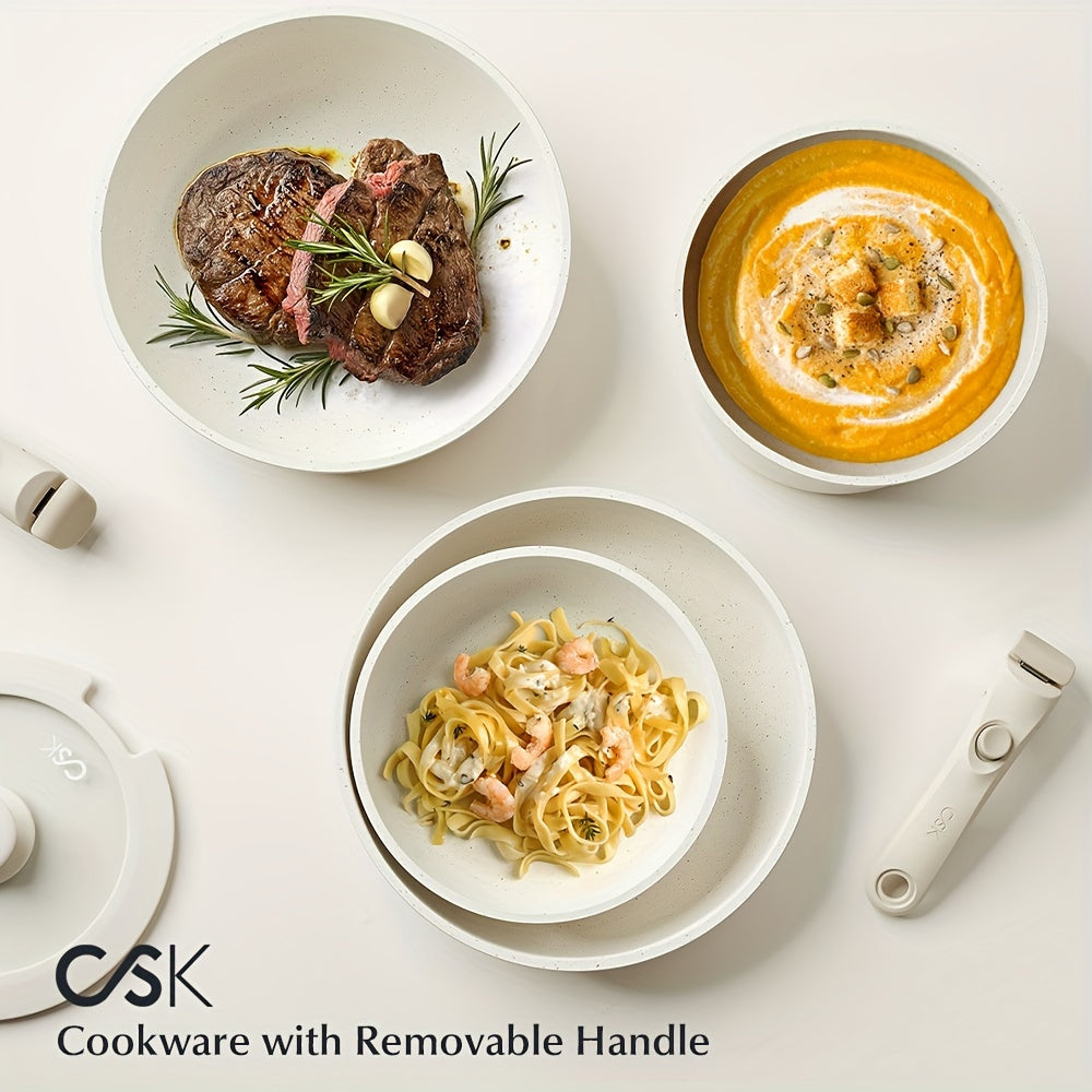 17pcs Heavy-Duty Non-Stick Cookware Set with Removable & Detachable Handle - Induction Compatible, Oven Safe Pots and Pans (Green\u002FCream White) - Stackable Kitchen Cookware for \u002F Stoves, Frying, Boiling,