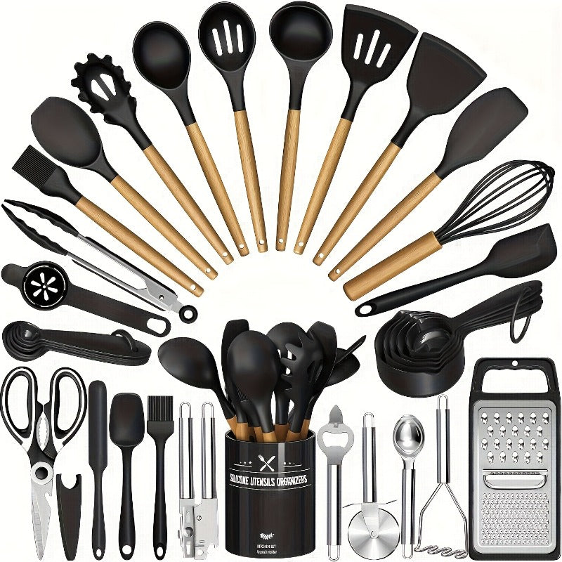 46pcs Various Colors Nonstick Cookware Set with Silicone Cookware Tools & Stainless Steel Handle Spatulas - Black Kitchen Utensil Kit for Pots, Pans, Grills, Ovens - Heavy-Duty Silicone Cooking Accessories, The Best Gifts for Christmas
