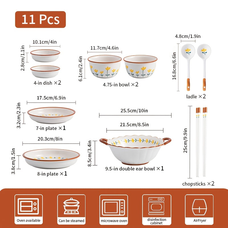 Fresh 11\u002F27\u002F43pcs Ceramic Tableware Set with an Elegant Mountain Chrysanthemum Pattern, Suitable for Serving Steak, Salad, Pasta, And Other Delicacies. Ideal for Restaurants, Hotels, Home Kitchens, And Holiday Gatherings, Designed for 2-8 People
