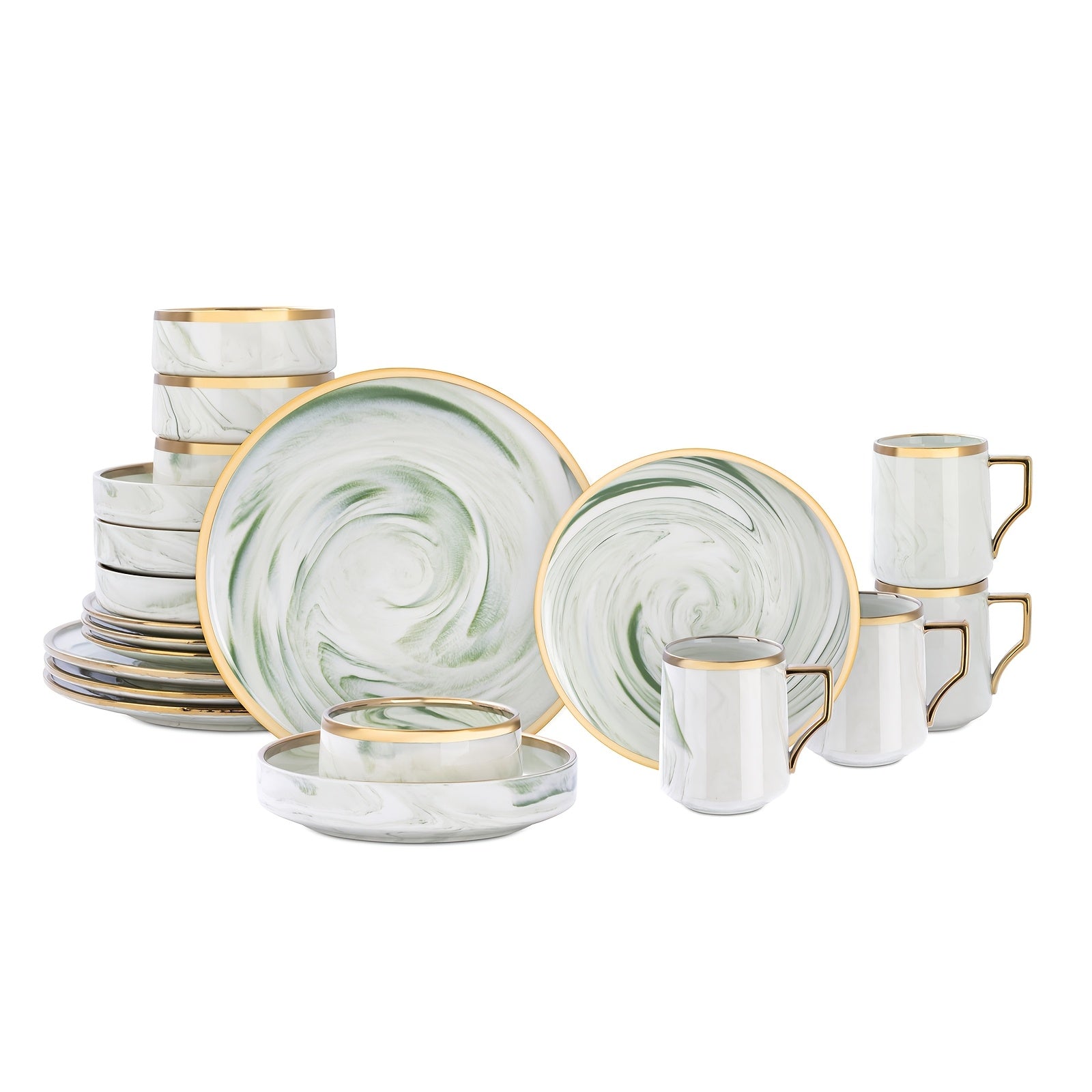 16pcs And 20pcs Plates And Bowls Sets, Fine China Artisan Marbled Dinner Set for 4, Dishwahser Safe, Scratch Resistant, with Golden Line