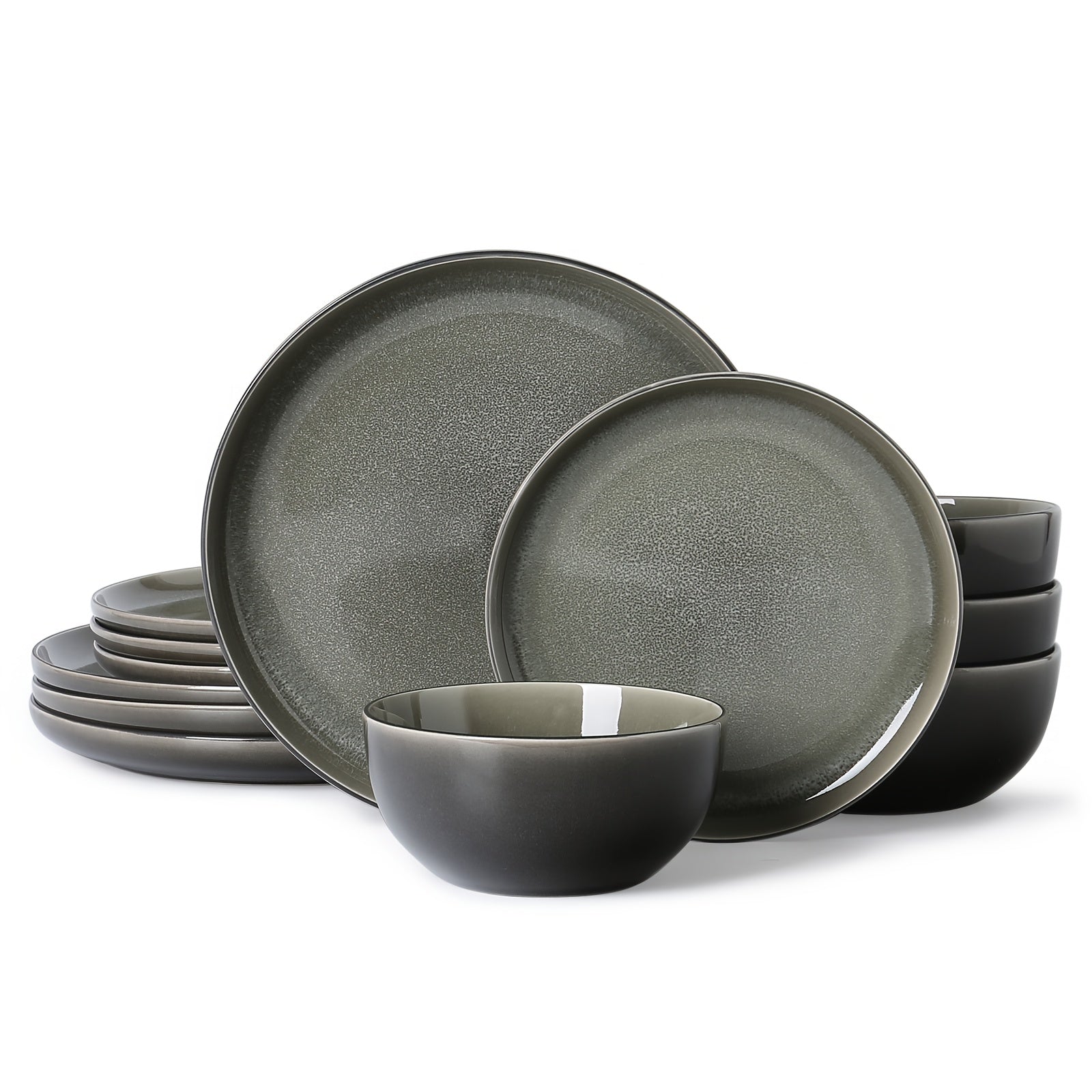 ALOFMO Ceramic Dinnerware for 4, 12pcs Green Reactive Glaze Elegant Tableware Set, Suitable Salad Dessert, Microwave And Dishwasher Safe, Very Suitable for Gifts, Parties, Weddings, Family Dinners