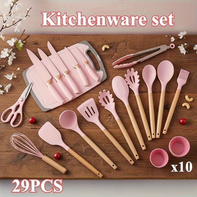 A 29pcs Cookware Collection, Including Silicone Kitchen Tools (With a Stand), Non-Stick Heat-Resistant Pots, Cake Molds, Scissors, And Cutting Boards, Is Perfect for Everyday Cooking in Home Kitchens And Is an Excellent Option for Families And Cooki