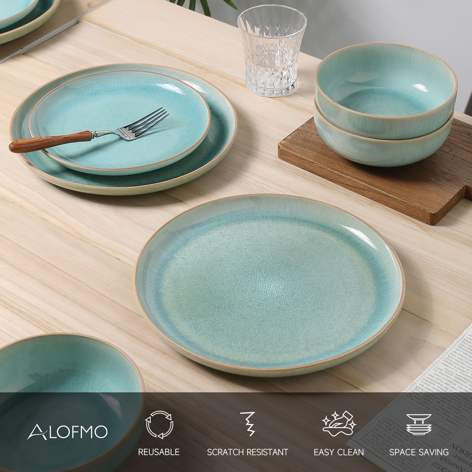 ALOFMO 12pcs Gradient Green Reactive Glaze Ceramic Dinnerware Set, Nordic Style Stoneware With Plates, Salad Plates, Bowls, Serves 4, Anti-Slip & Scratch-Resistant, Stackable For Space Saving, Microwave & Dishwasher Safe, Easy To Clean