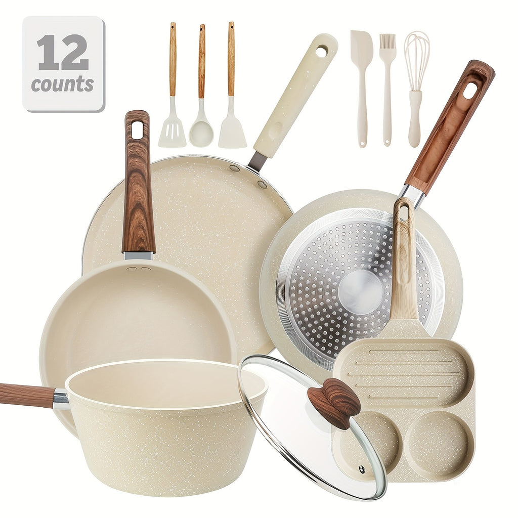 12\u002F15pcs Nonstick Pans Pots Set, Cookware Set with Frying Pan, Saucepan, Cooking Utensils, for Kitchen Home Cannteen Dining Room Use, Gift for Wedding Housewarming, Christmas Gift Box, White