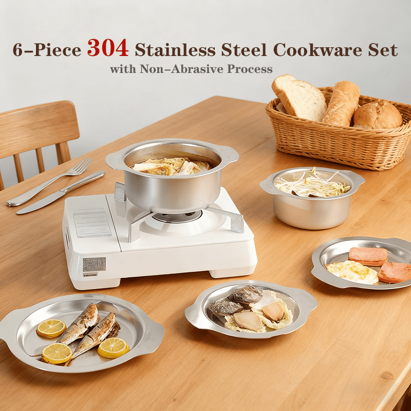6pcs 304 Stainless Steel Non-Stick Cookware Set, Dual-Purpose Pot & Plate Pots And Pans Set, High Temperature Resistant With Free Heat-Resistant Silicone Gloves & Lid Knob, Non-Abrasive Process, Induction Compatible