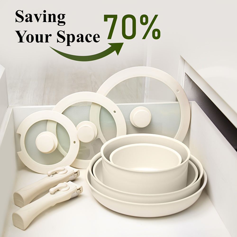 17pcs Versatile Cooking Set: Features a Ceramic Non-Stick Surface, Reduces Storage Needs by 70%, Detachable Handles Suitable for Dishwasher (Handles Excluded), Effortlessly Allows Frying, Stir-Frying, Stewing & Boiling, to Clean And Stylish.