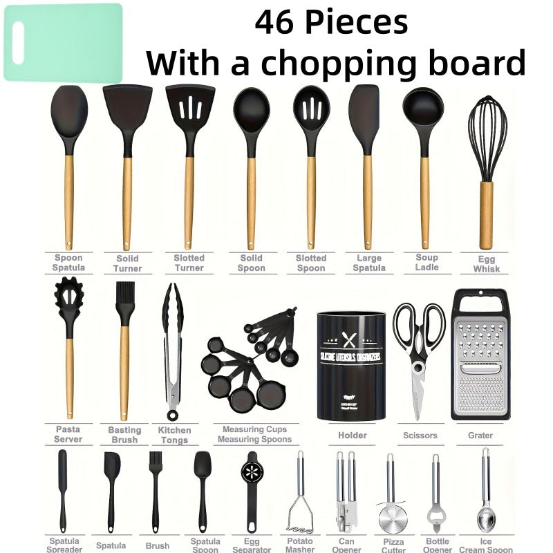 46pcs Various Colors Nonstick Cookware Set with Silicone Cookware Tools & Stainless Steel Handle Spatulas - Black Kitchen Utensil Kit for Pots, Pans, Grills, Ovens - Heavy-Duty Silicone Cooking Accessories, The Best Gifts for Christmas