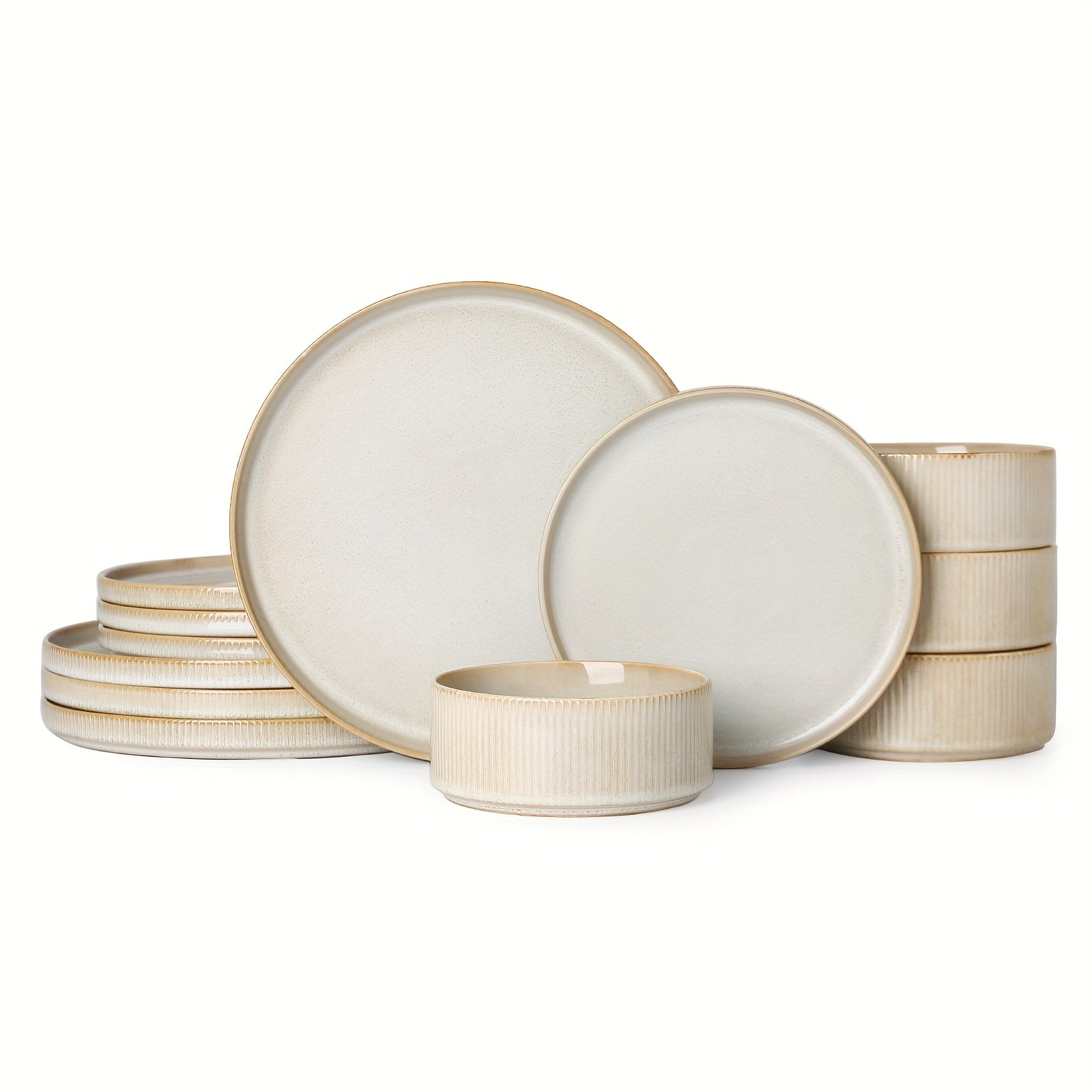 12pcs Modern Elegant Cream Beige Ceramic Dinnerware Set with Striped Plates & Bowls - Microwave & Dishwasher Suitable for Gifts, Weddings, Parties, Holiday Tableware for Spaghetti, Soup, Desserts - Multi-Use Stoneware for Dining