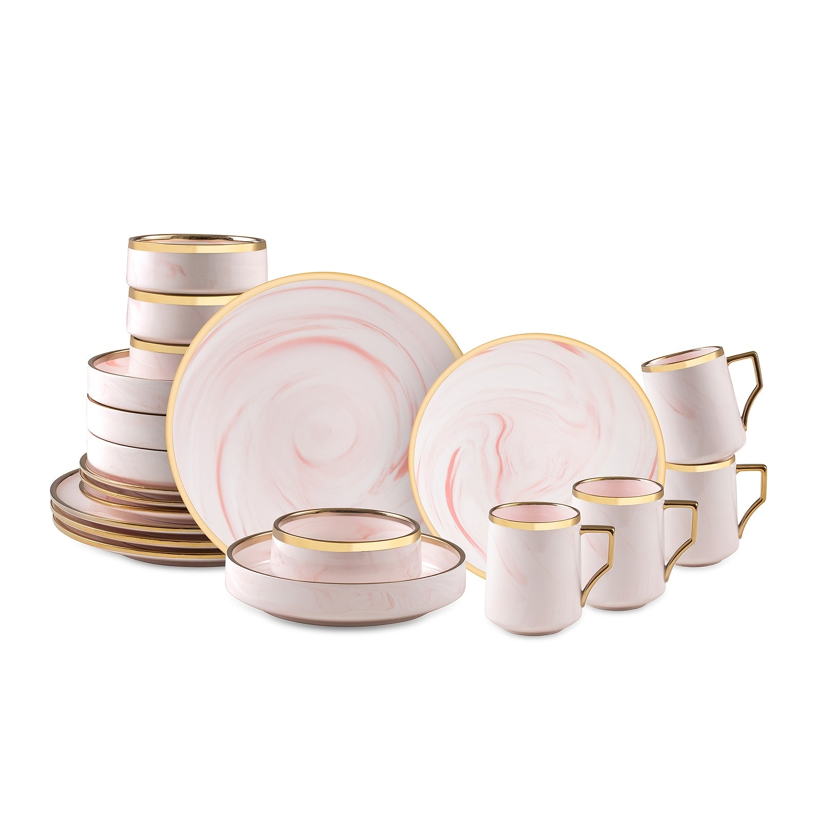 16pcs And 20pcs Plates And Bowls Sets, Fine China Artisan Marbled Dinner Set for 4, Dishwahser Safe, Scratch Resistant, with Golden Line