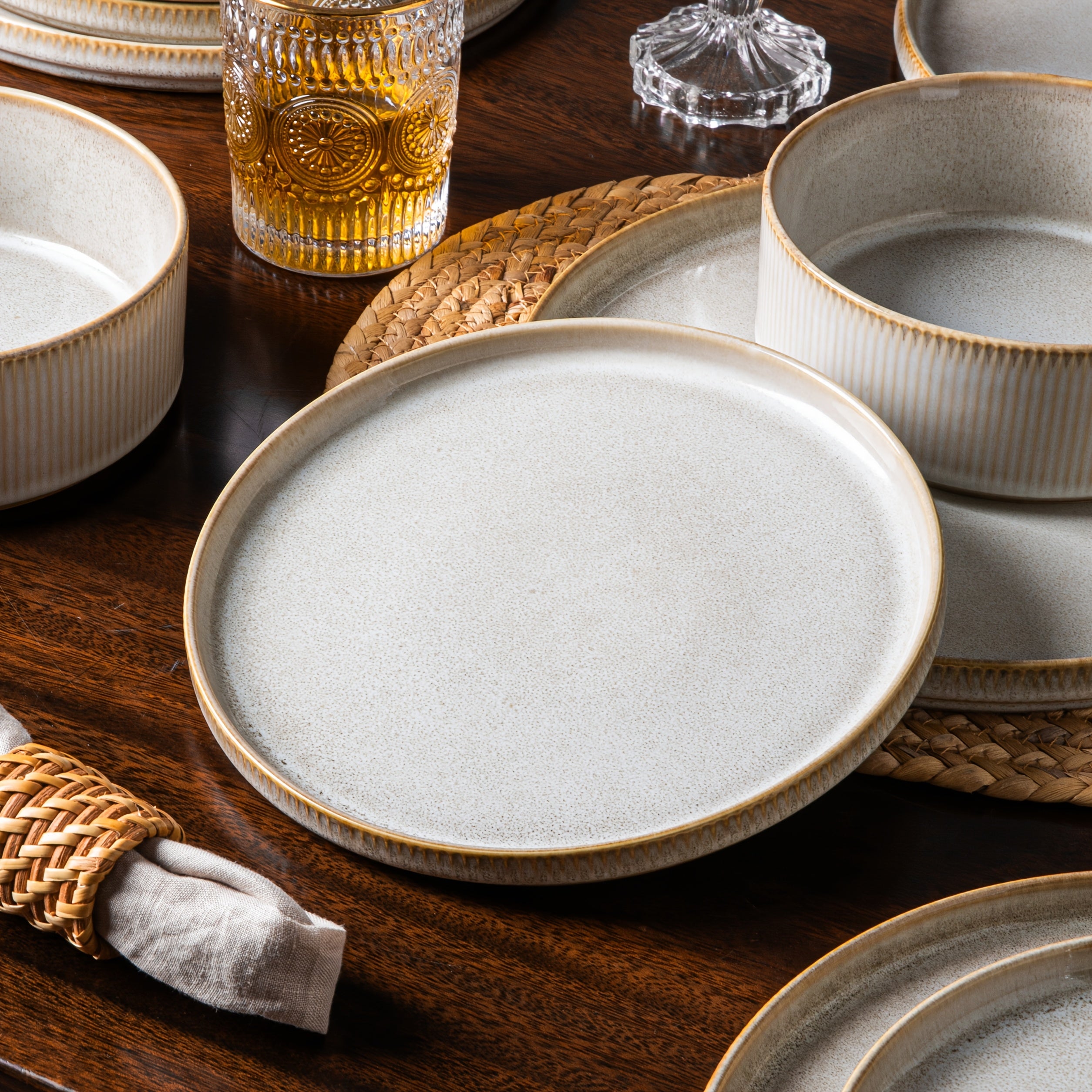 12pcs Modern Elegant Cream Beige Ceramic Dinnerware Set with Striped Plates & Bowls - Microwave & Dishwasher Suitable for Gifts, Weddings, Parties, Holiday Tableware for Spaghetti, Soup, Desserts - Multi-Use Stoneware for Dining