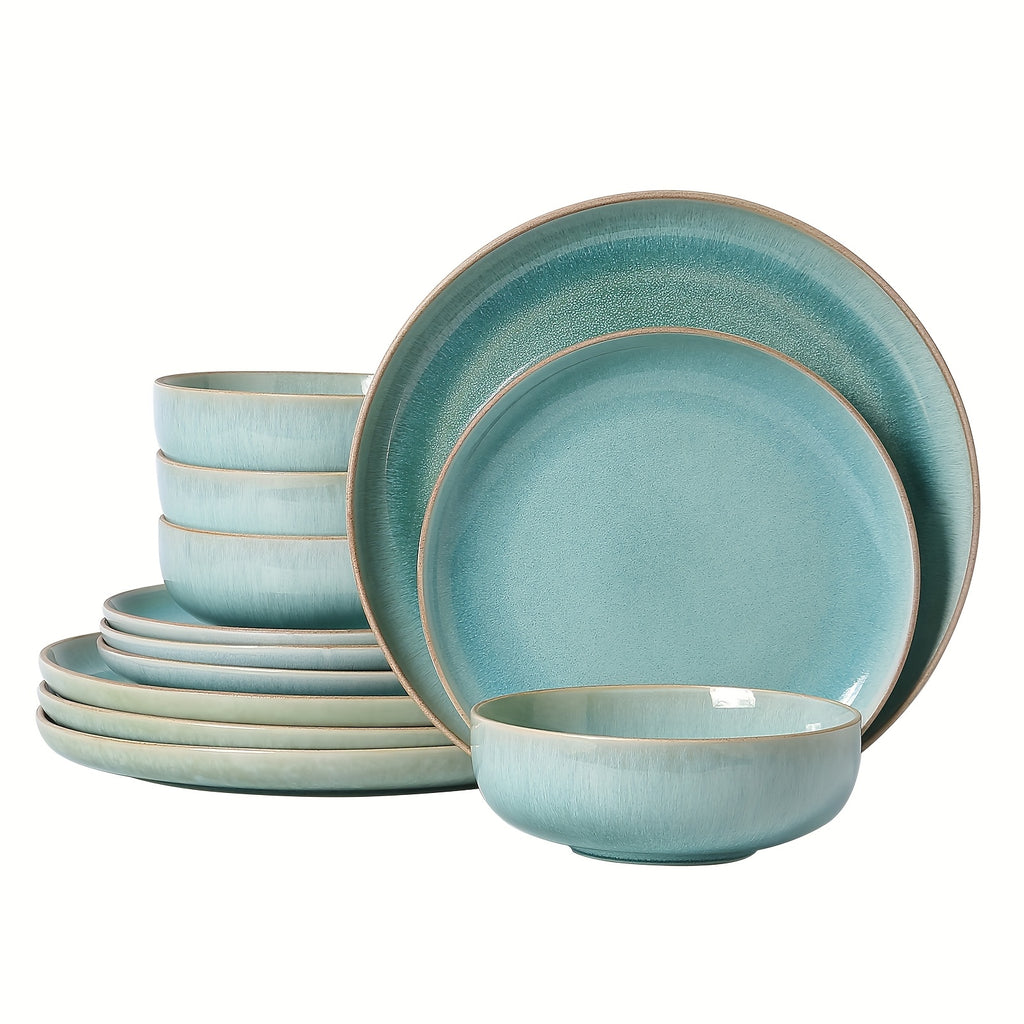 ALOFMO 12pcs Gradient Green Reactive Glaze Ceramic Dinnerware Set, Nordic Style Stoneware With Plates, Salad Plates, Bowls, Serves 4, Anti-Slip & Scratch-Resistant, Stackable For Space Saving, Microwave & Dishwasher Safe, Easy To Clean