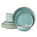 ALOFMO 12pcs Gradient Green Reactive Glaze Ceramic Dinnerware Set, Nordic Style Stoneware With Plates, Salad Plates, Bowls, Serves 4, Anti-Slip & Scratch-Resistant, Stackable For Space Saving, Microwave & Dishwasher Safe, Easy To Clean
