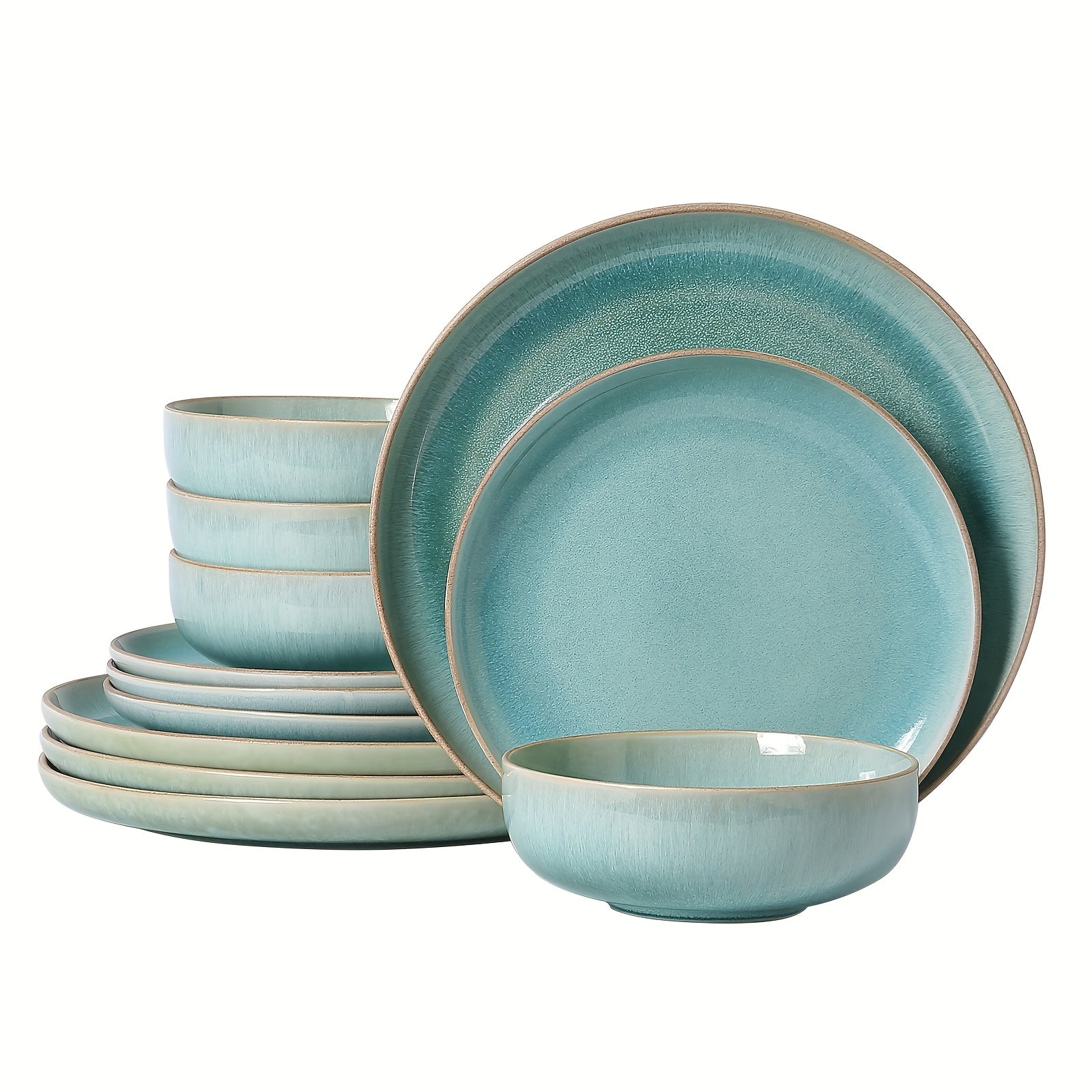 ALOFMO 12pcs Gradient Green Reactive Glaze Ceramic Dinnerware Set, Nordic Style Stoneware With Plates, Salad Plates, Bowls, Serves 4, Anti-Slip & Scratch-Resistant, Stackable For Space Saving, Microwave & Dishwasher Safe, Easy To Clean