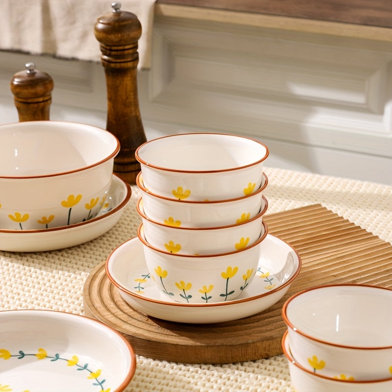 Fresh 11\u002F27\u002F43pcs Ceramic Tableware Set with an Elegant Mountain Chrysanthemum Pattern, Suitable for Serving Steak, Salad, Pasta, And Other Delicacies. Ideal for Restaurants, Hotels, Home Kitchens, And Holiday Gatherings, Designed for 2-8 People