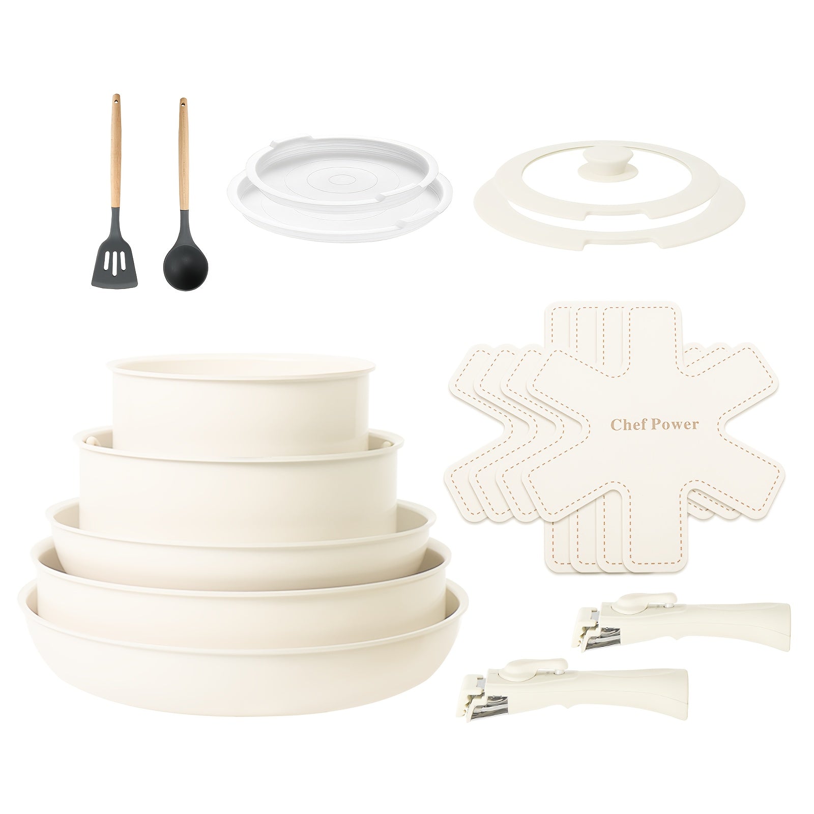 17pcs Versatile Cooking Set: Features a Ceramic Non-Stick Surface, Reduces Storage Needs by 70%, Detachable Handles Suitable for Dishwasher (Handles Excluded), Effortlessly Allows Frying, Stir-Frying, Stewing & Boiling, to Clean And Stylish.