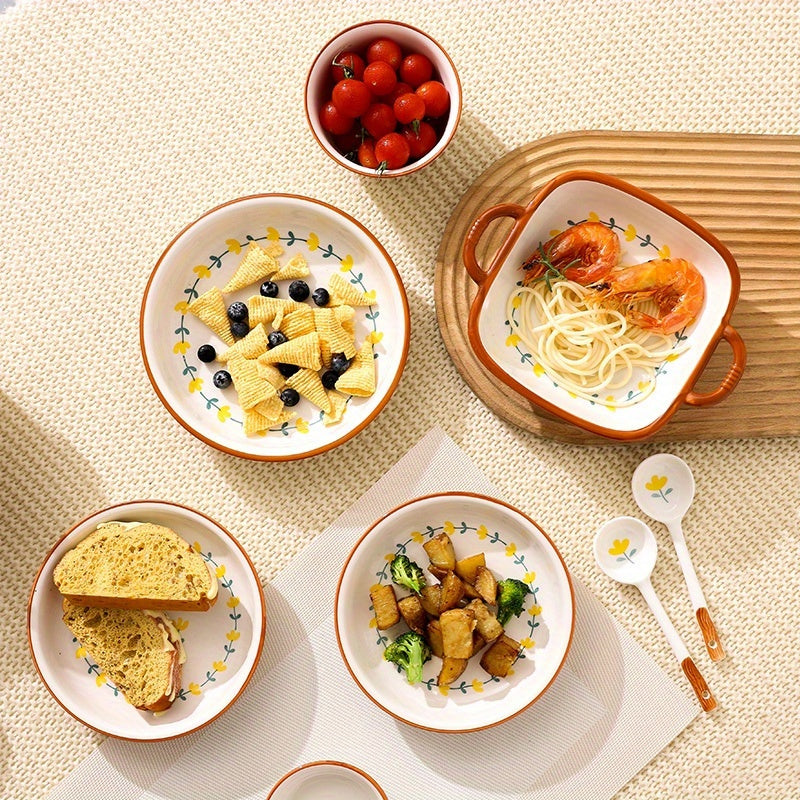 Fresh 11\u002F27\u002F43pcs Ceramic Tableware Set with an Elegant Mountain Chrysanthemum Pattern, Suitable for Serving Steak, Salad, Pasta, And Other Delicacies. Ideal for Restaurants, Hotels, Home Kitchens, And Holiday Gatherings, Designed for 2-8 People