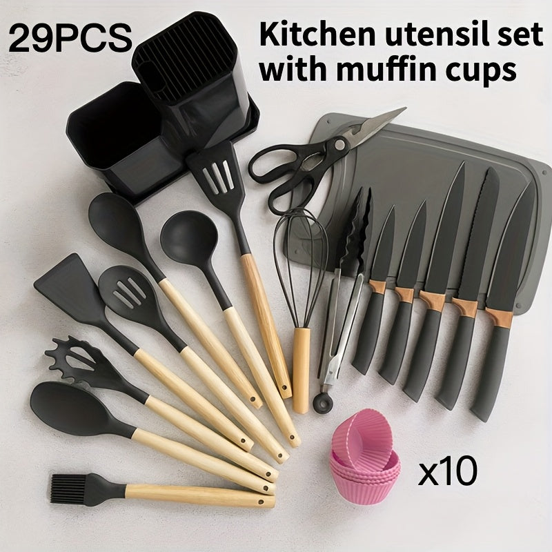 A 29pcs Cookware Collection, Including Silicone Kitchen Tools (With a Stand), Non-Stick Heat-Resistant Pots, Cake Molds, Scissors, And Cutting Boards, Is Perfect for Everyday Cooking in Home Kitchens And Is an Excellent Option for Families And Cooki