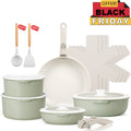 17pcs Heavy-Duty Non-Stick Cookware Set with Removable & Detachable Handle - Induction Compatible, Oven Safe Pots and Pans (Green\u002FCream White) - Stackable Kitchen Cookware for \u002F Stoves, Frying, Boiling,