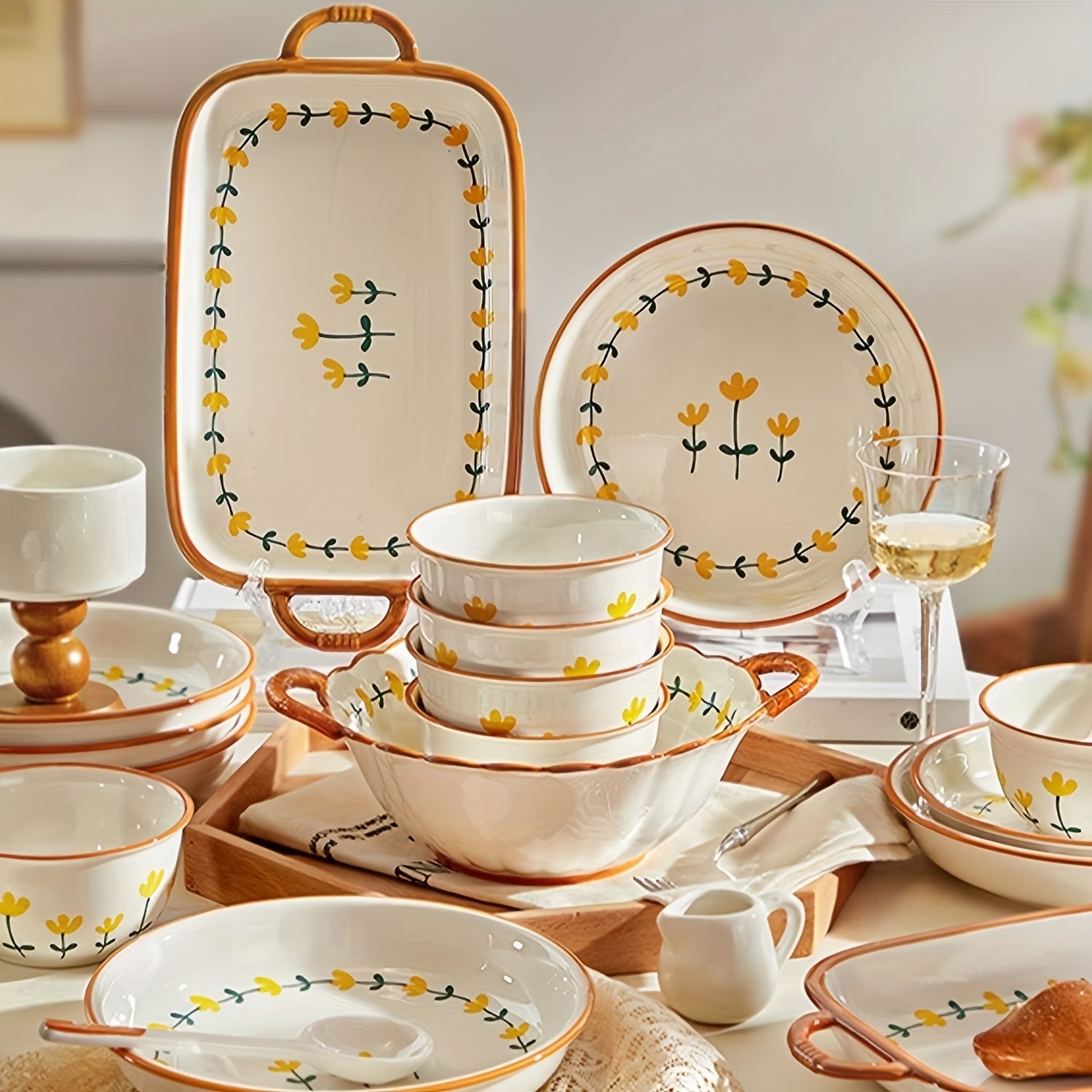 Fresh 11\u002F27\u002F43pcs Ceramic Tableware Set with an Elegant Mountain Chrysanthemum Pattern, Suitable for Serving Steak, Salad, Pasta, And Other Delicacies. Ideal for Restaurants, Hotels, Home Kitchens, And Holiday Gatherings, Designed for 2-8 People