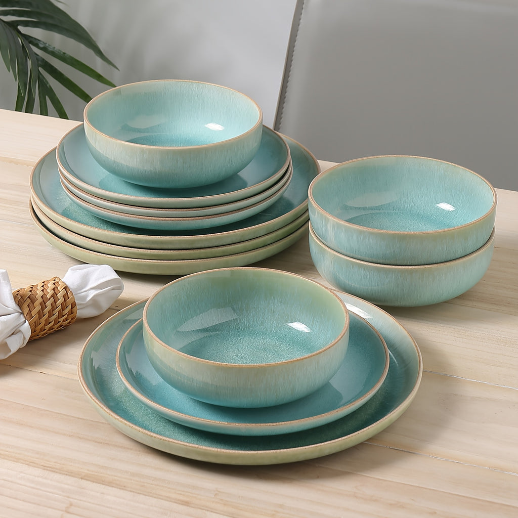ALOFMO 12pcs Gradient Green Reactive Glaze Ceramic Dinnerware Set, Nordic Style Stoneware With Plates, Salad Plates, Bowls, Serves 4, Anti-Slip & Scratch-Resistant, Stackable For Space Saving, Microwave & Dishwasher Safe, Easy To Clean