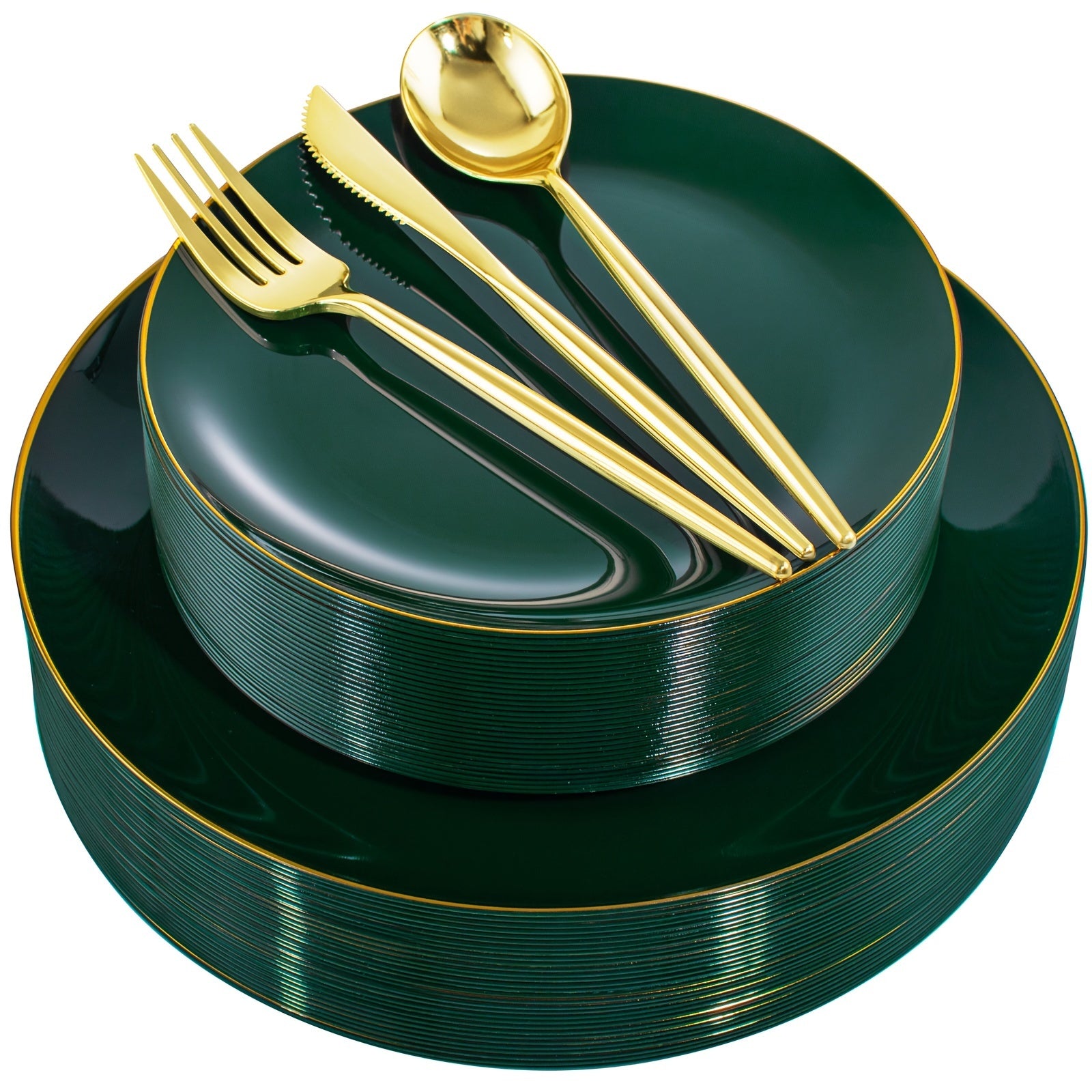 150pcs Golden Plastic Plates Disposable Green Plastic Plates With Golden Rim Disposable Dinnerware: 30 Green Dinner Plates, 30 Dessert Plates, 90pcs Golden Cutlery For Party, Wedding & Mothers Day