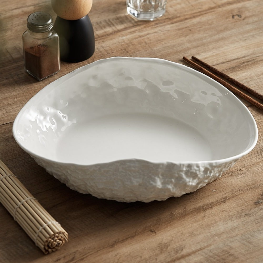 Luxury Ceramic Plate with Shell & Stone Texture | High-End Oval Platter for Serving Fish, Soup, Pasta, Ideal for Home Dining & Hotel Restaurant Tableware