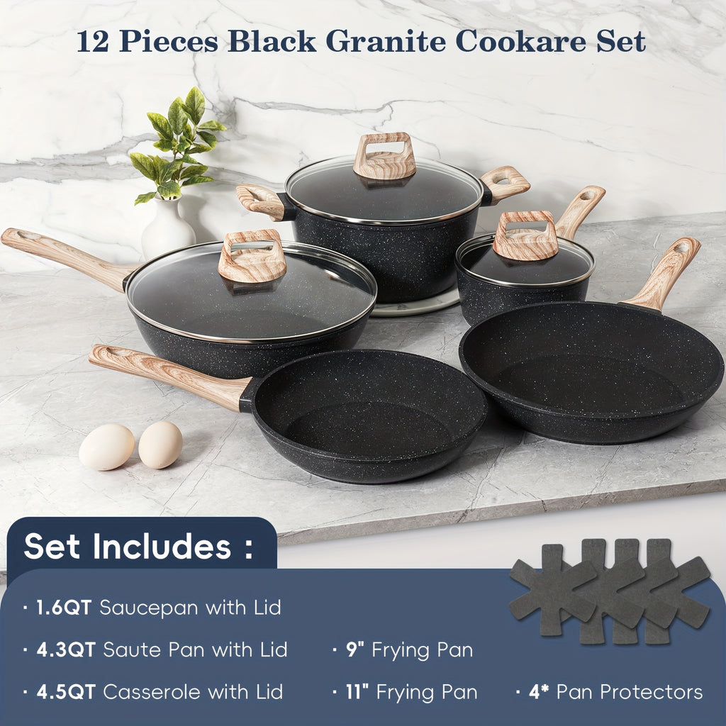 12pcs Non-Stick Cooking Set, Black Granite Induction Cookware, Safe And Healthy Non-Stick Kitchen Cooking Set Including Frying Pans, Saucepans, And Casseroles