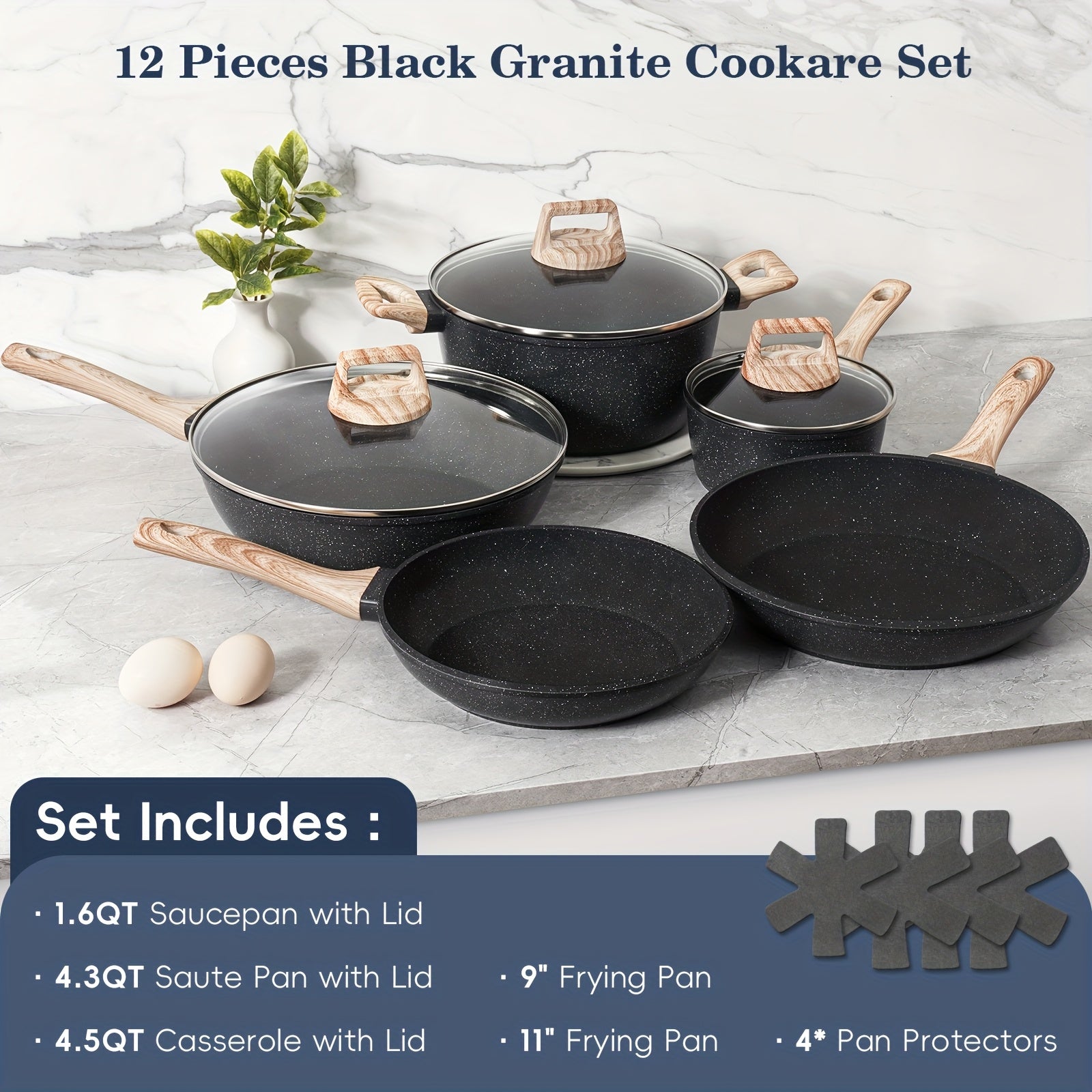 12pcs Non-Stick Cooking Set, Black Granite Induction Cookware, Safe And Healthy Non-Stick Kitchen Cooking Set Including Frying Pans, Saucepans, And Casseroles