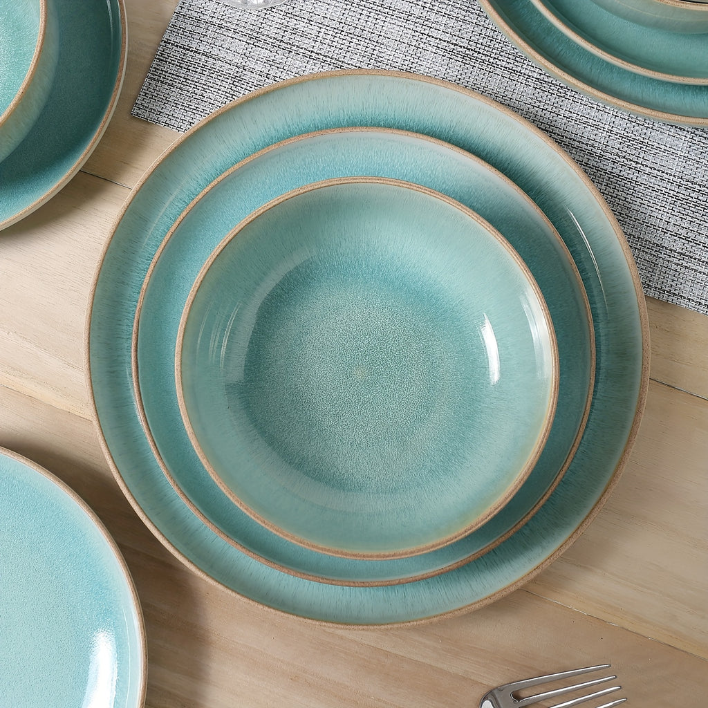 ALOFMO 12pcs Gradient Green Reactive Glaze Ceramic Dinnerware Set, Nordic Style Stoneware With Plates, Salad Plates, Bowls, Serves 4, Anti-Slip & Scratch-Resistant, Stackable For Space Saving, Microwave & Dishwasher Safe, Easy To Clean