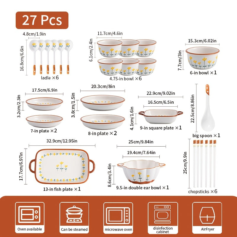 Fresh 11\u002F27\u002F43pcs Ceramic Tableware Set with an Elegant Mountain Chrysanthemum Pattern, Suitable for Serving Steak, Salad, Pasta, And Other Delicacies. Ideal for Restaurants, Hotels, Home Kitchens, And Holiday Gatherings, Designed for 2-8 People