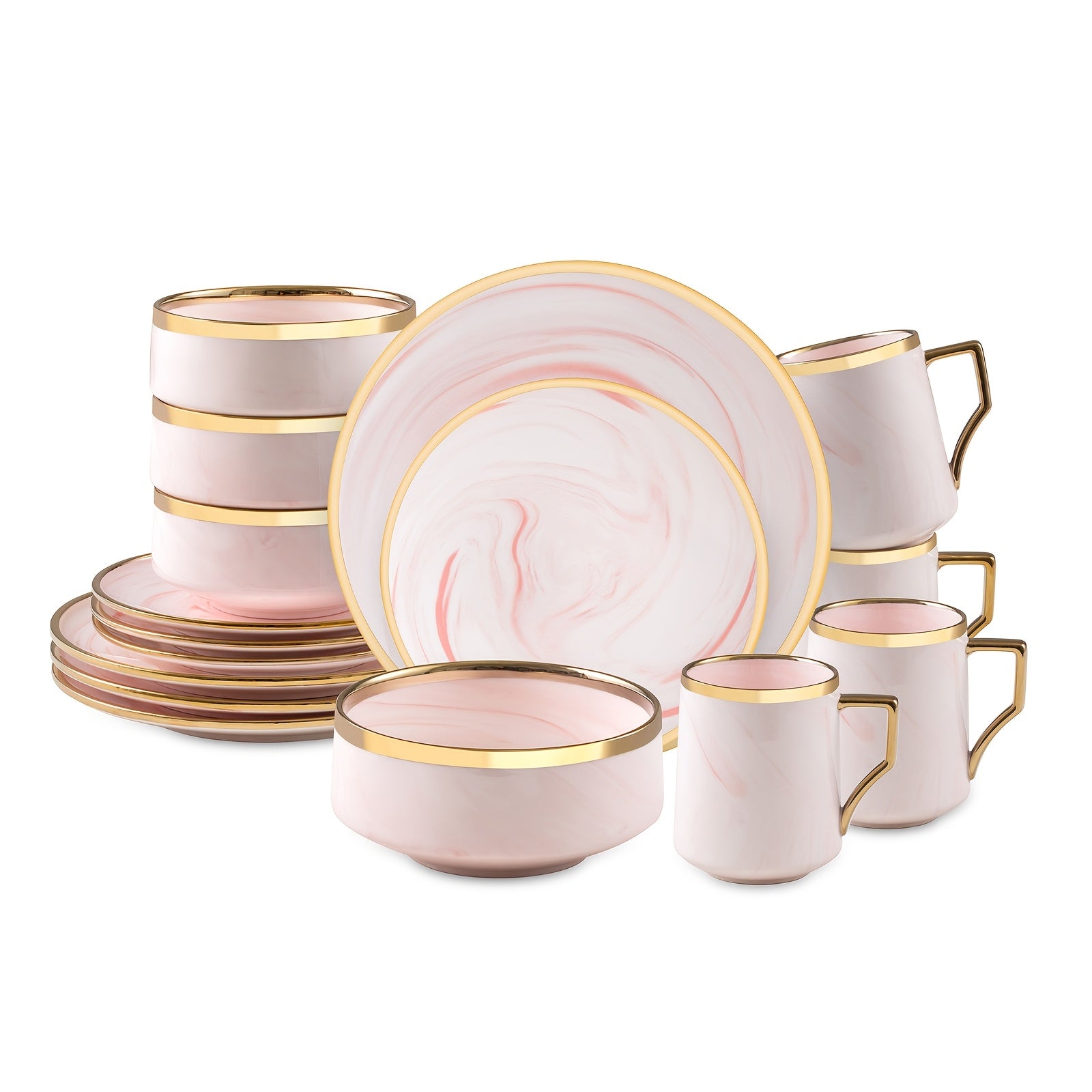 16pcs And 20pcs Plates And Bowls Sets, Fine China Artisan Marbled Dinner Set for 4, Dishwahser Safe, Scratch Resistant, with Golden Line