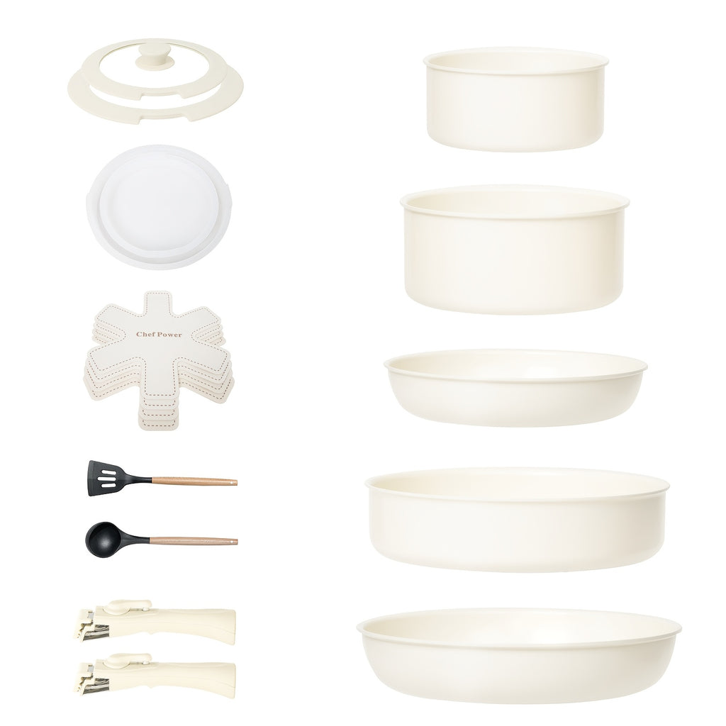 17pcs Versatile Cooking Set: Features a Ceramic Non-Stick Surface, Reduces Storage Needs by 70%, Detachable Handles Suitable for Dishwasher (Handles Excluded), Effortlessly Allows Frying, Stir-Frying, Stewing & Boiling, to Clean And Stylish.