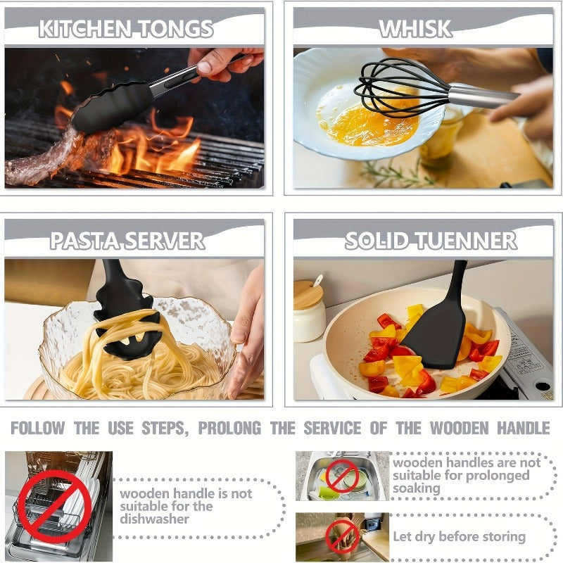 46pcs Various Colors Nonstick Cookware Set with Silicone Cookware Tools & Stainless Steel Handle Spatulas - Black Kitchen Utensil Kit for Pots, Pans, Grills, Ovens - Heavy-Duty Silicone Cooking Accessories, The Best Gifts for Christmas